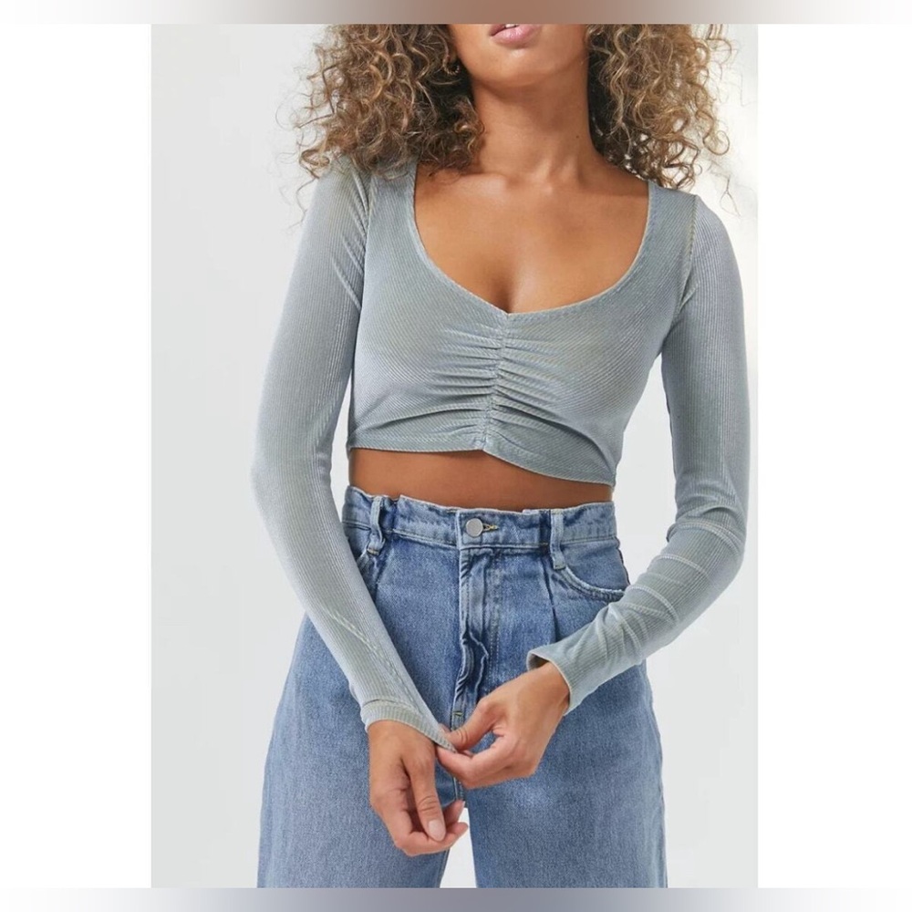 NWT Urban Outfitters Paradox Ruched Long Sleeve Cropped Top Blue and Green